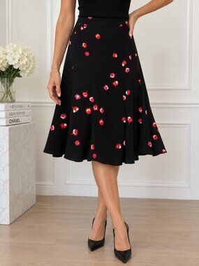 Kate Spade Skirt The Rules Black Pink Floral Ruffle A-Line Skirt Women's